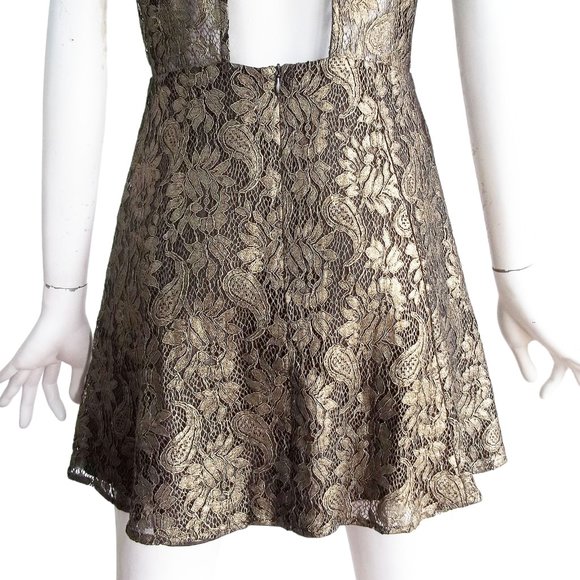 IF BY SEA Gold Lace Overlay Black Mini Fit n Flare Dress w Cutout Back Sz M NWT - Picture 6 of 8